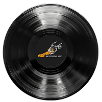 Black vinyl record with a logo on a white background